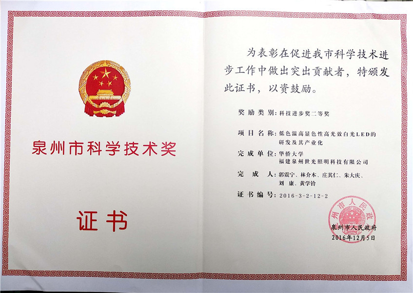 SIGOLED won the 2016 Quanzhou science and technology award
